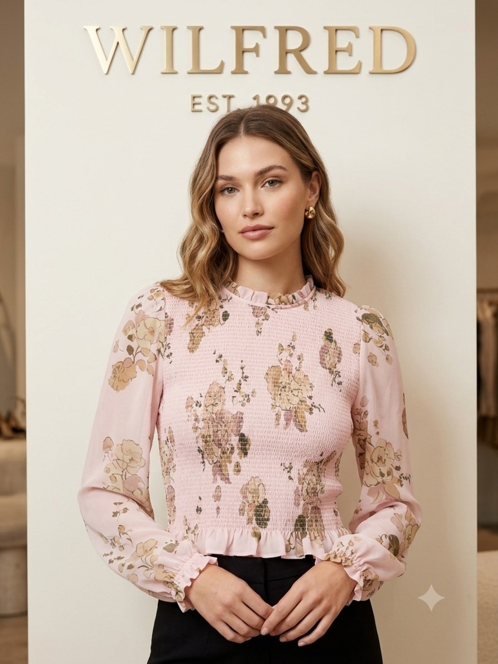 Wilfred Pink Floral Smocked Ruffle-Neck Blouse Ptp 15"